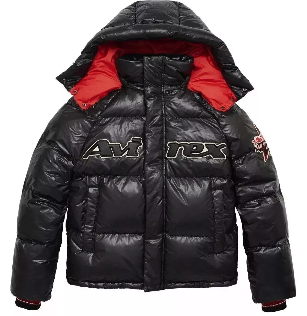 Men’s Avirex Black Puffer Jacket Bomber Hooded Glossy All Star Winter Coat