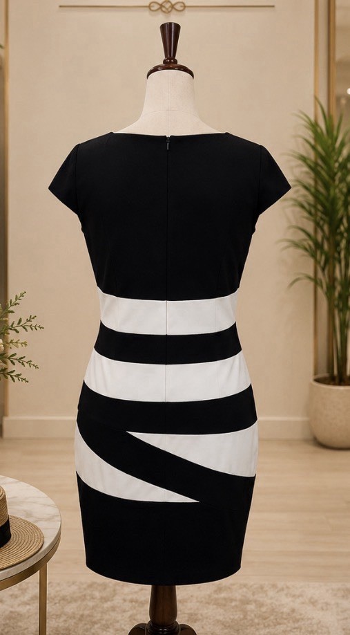 Alyx Limited Black/White Colorblock Sheath Dress Size 16 Knee Cap Sleeve Zip