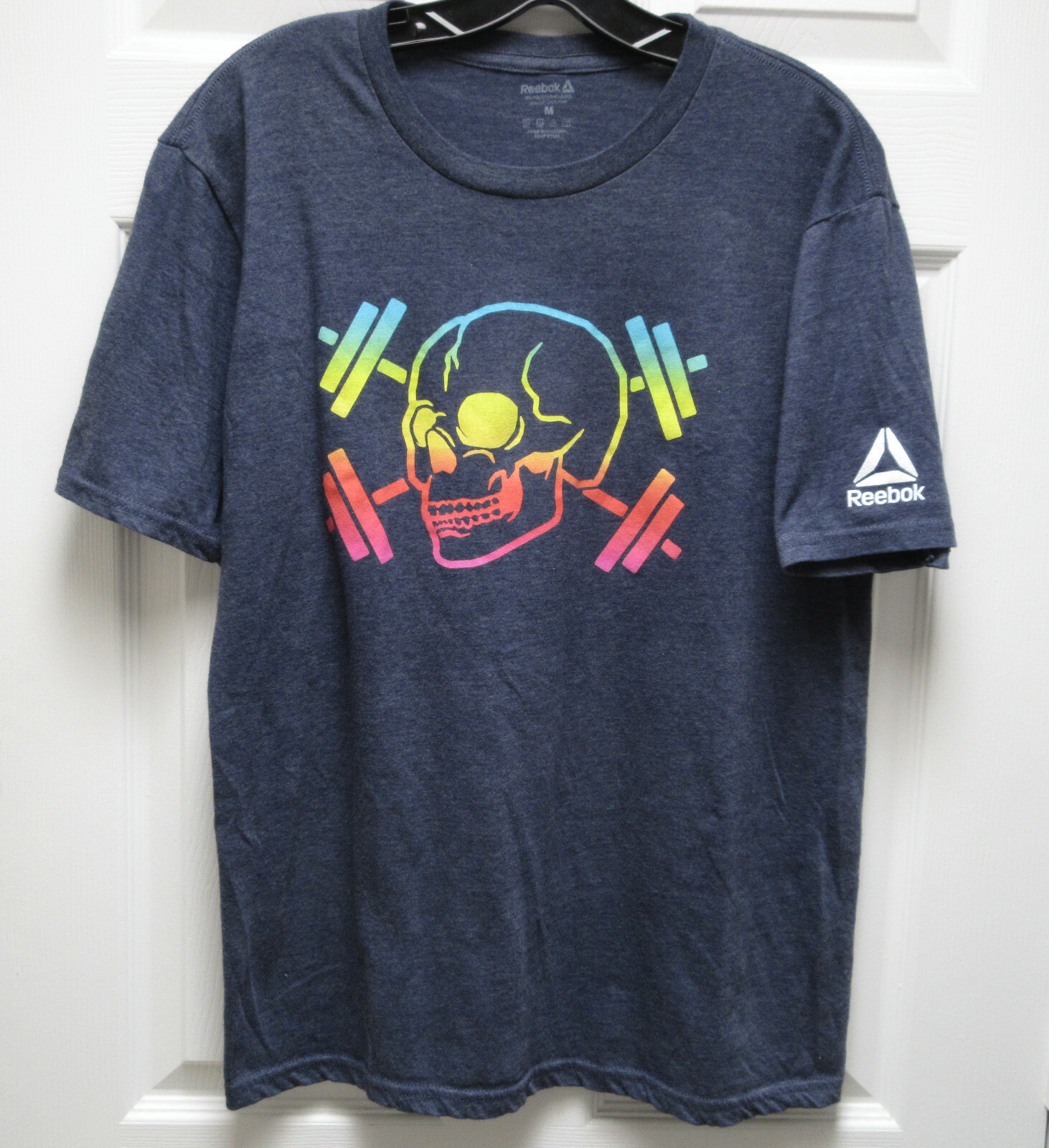 Reebok Rainbow Skull Barbells Dumbbells T Shirt Mens M Poly Cotton