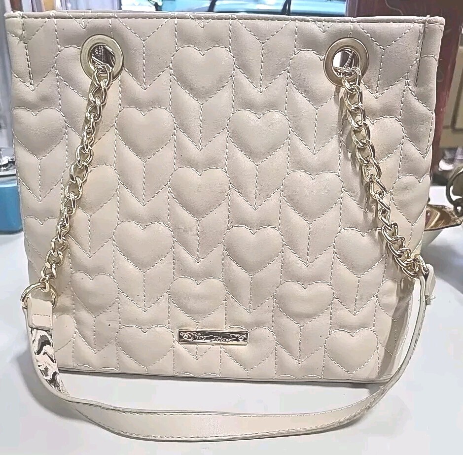 Betsey Johnson XO Sunny Quilted Heart Handbag, Oatmeal Gold Chain Accents