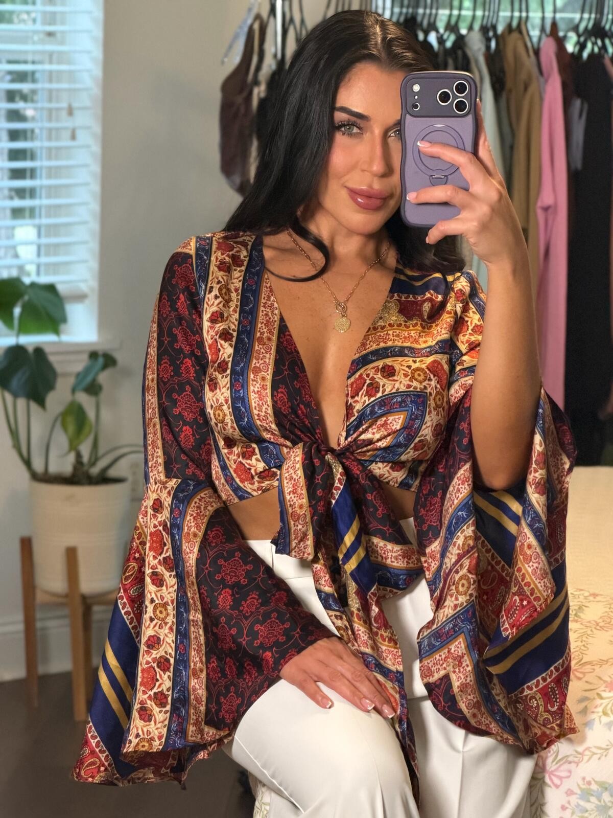 Boho Paisley Bell Sleeve Tie Front Crop Top Cider Festival Hippie