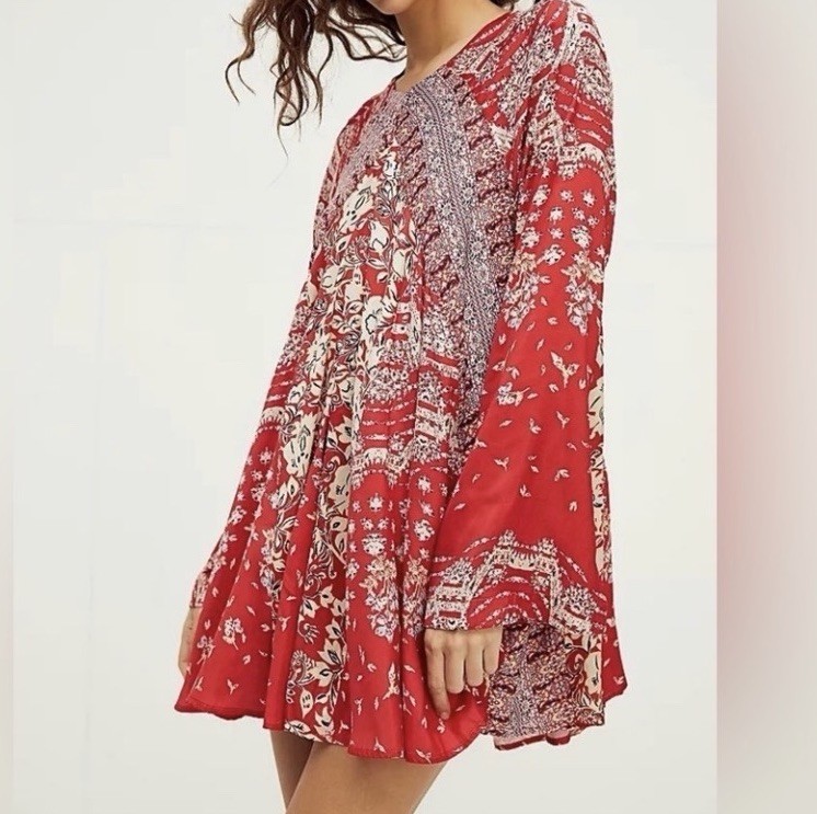 Free People Stevie Printed Tunic Mini Dress Red ob1252142