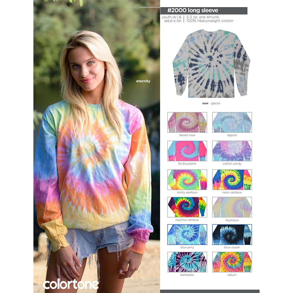 Tie Dye Long Sleeve Shirts Psychedelic Kids & Adult 100% Cotton Colortone
