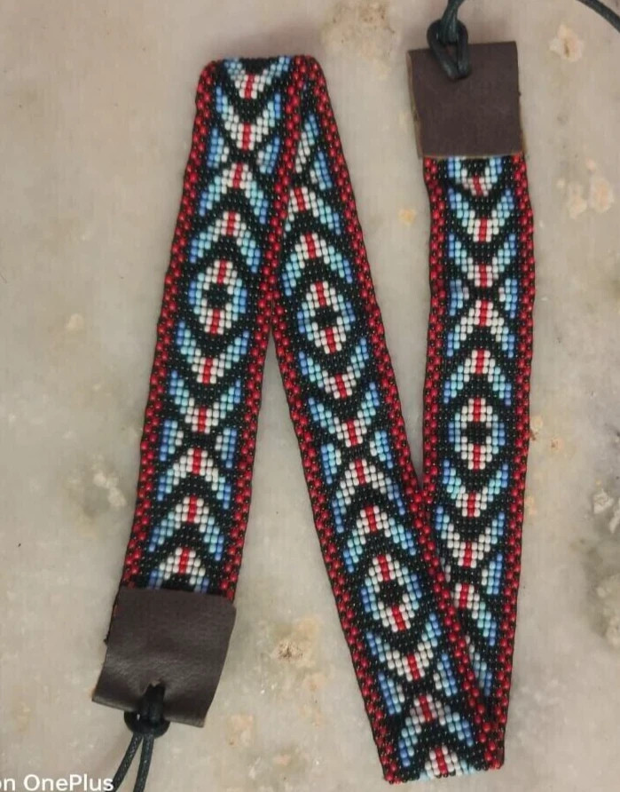 NATIVE STYLE HANDMADE BEADED BLUE SEED BEADED COWBOY HATBAND BELT