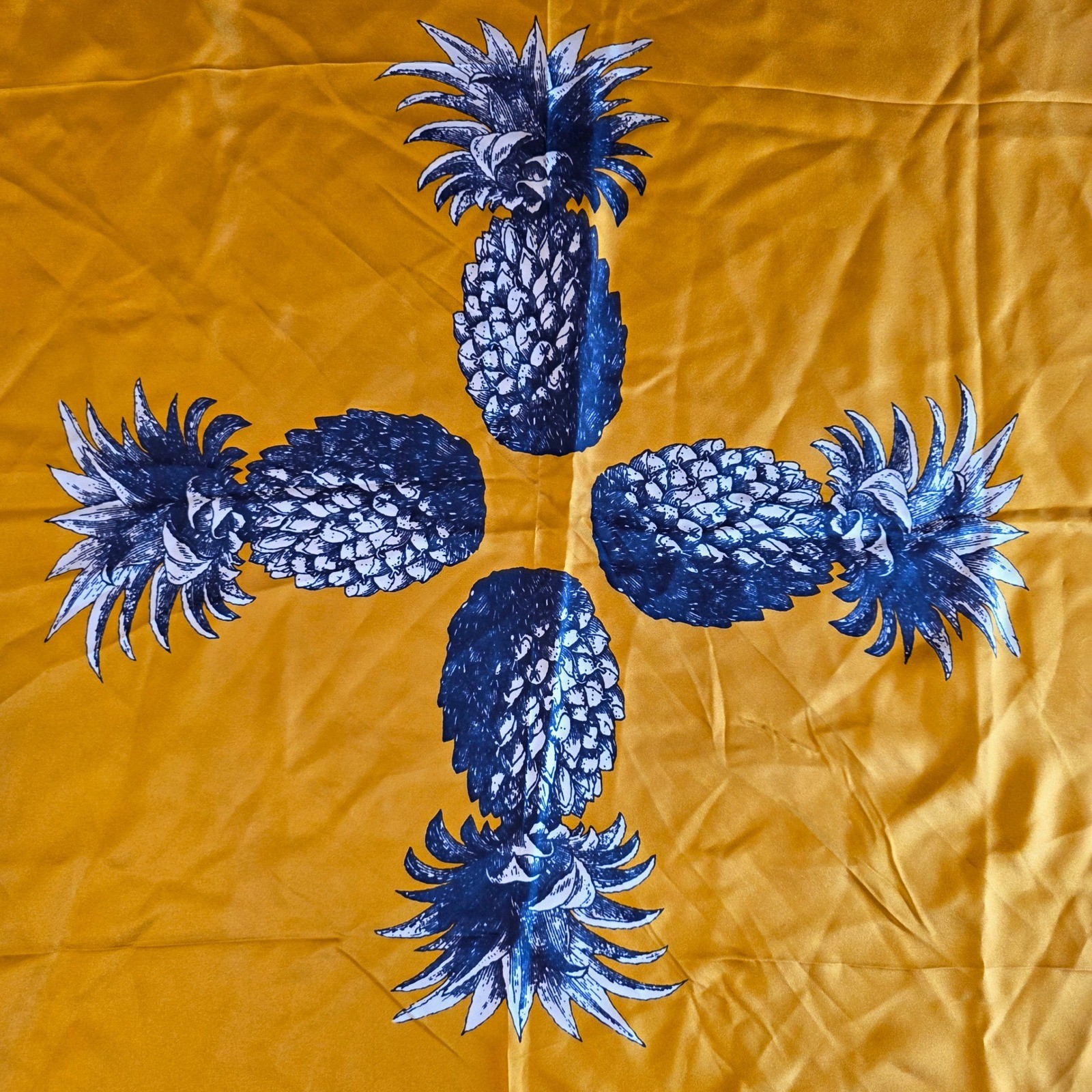 Ann Taylor Silk Scarf Yellow Navy Blue Pineapple Print Square Nautical Border