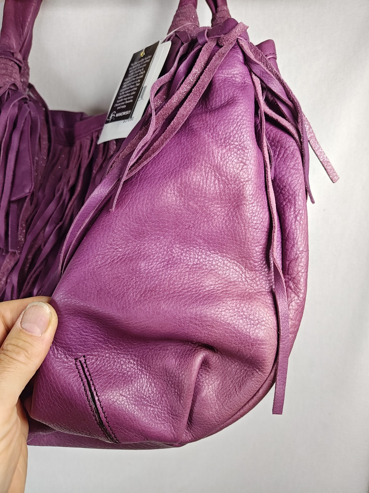 ​B. Makowsky Cabernet Purple Leather Fringe Tote Bag Hobo Purse NWT A212792