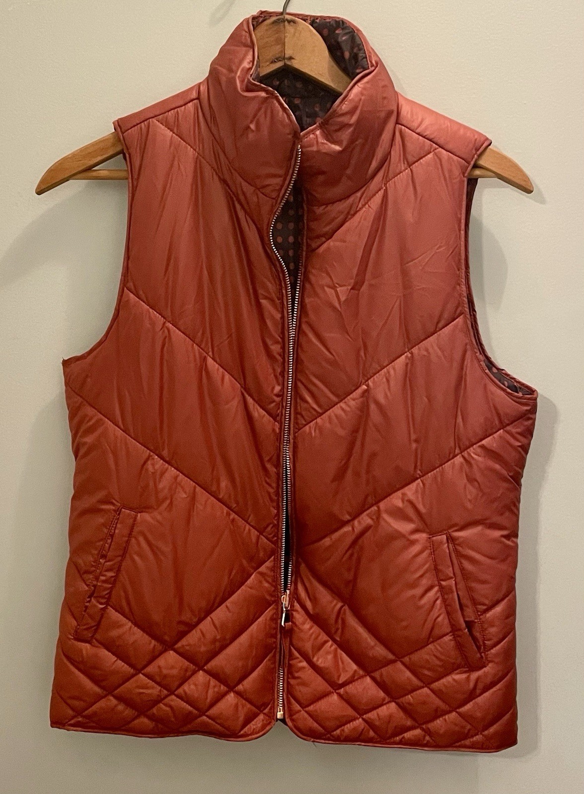 Kensie Jeans Reversible Quilted Puffer Vest Brown Polka Dot Zip Pockets M