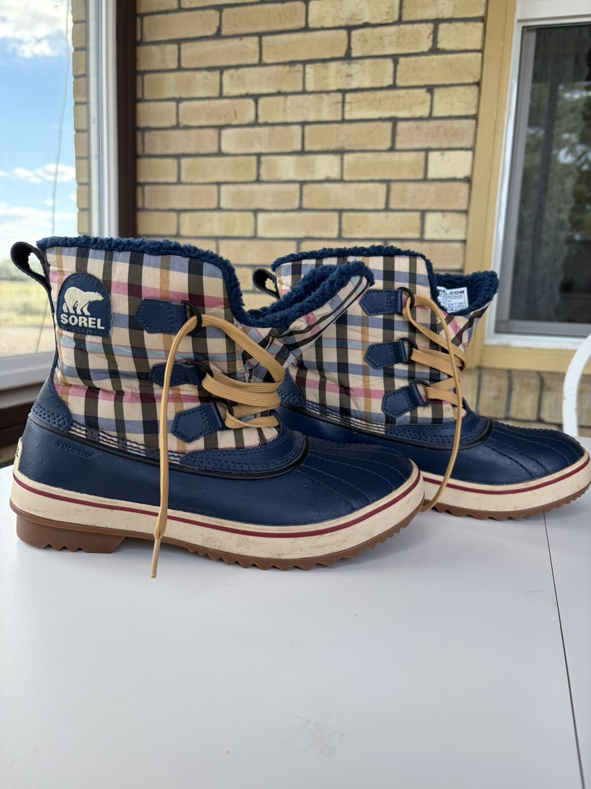SOREL Duck Boots Sz 8.5 Tivoli Plaid Waterproof Outdoor Snow Shades Of Blue