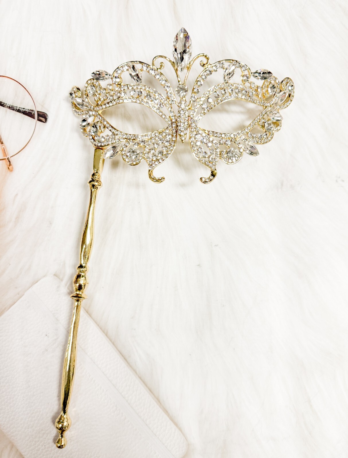 Crystal Mask with Stick, Prom Mask, Masquerade Ball Mask, Met Gala Gold Mask