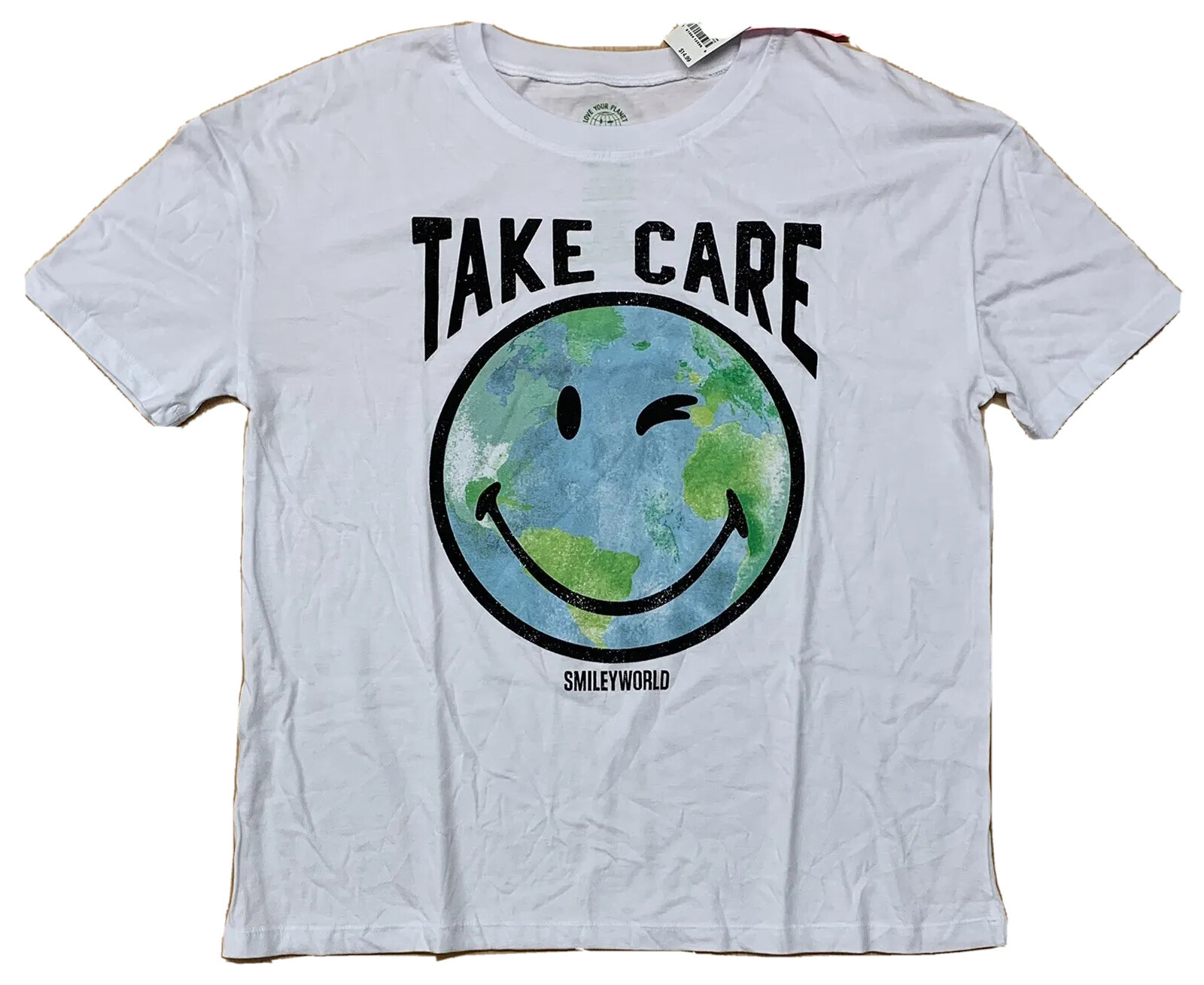 Take Care Smiley World T-Shirt Size Large White Love Your Planet 50/50 NWT
