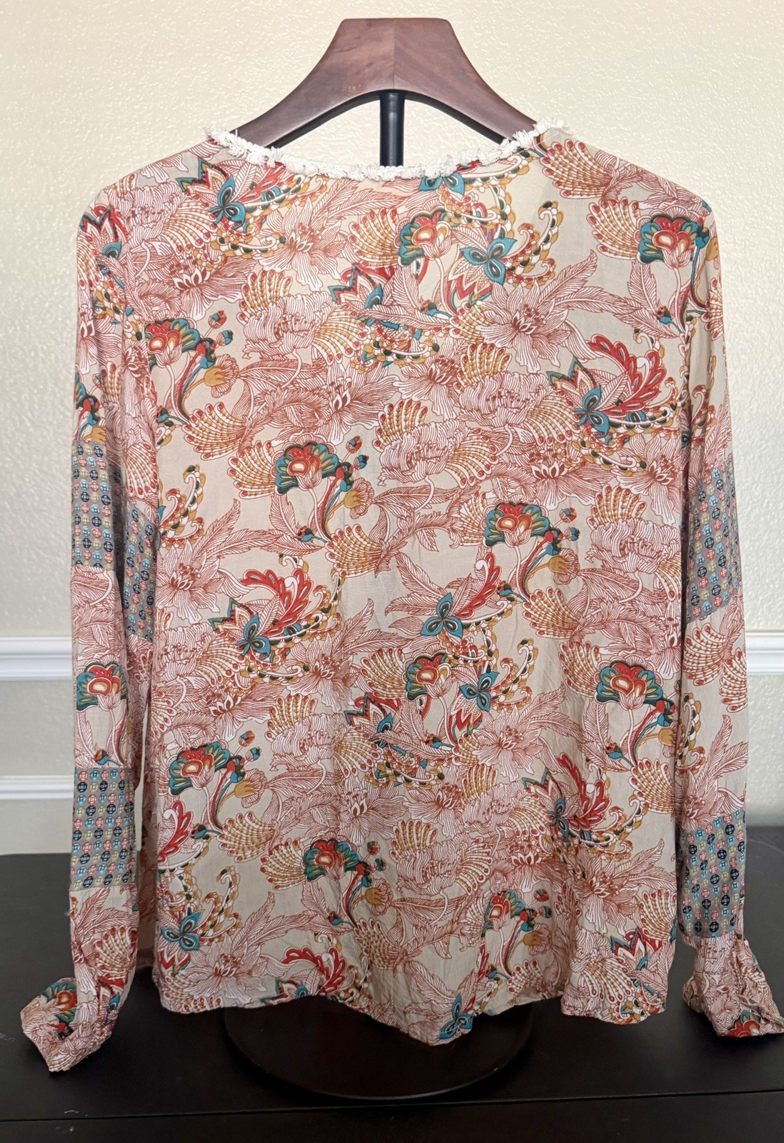 Sundance Women’s S Rayon Multicolor Floral V-Neck Tie Tassel Long Sleeve Blouse