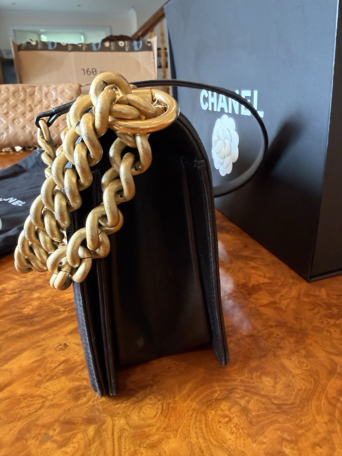 Authentic CHANEL Boy Bag Gold HW Medium Black Calfskin. Auth Card.