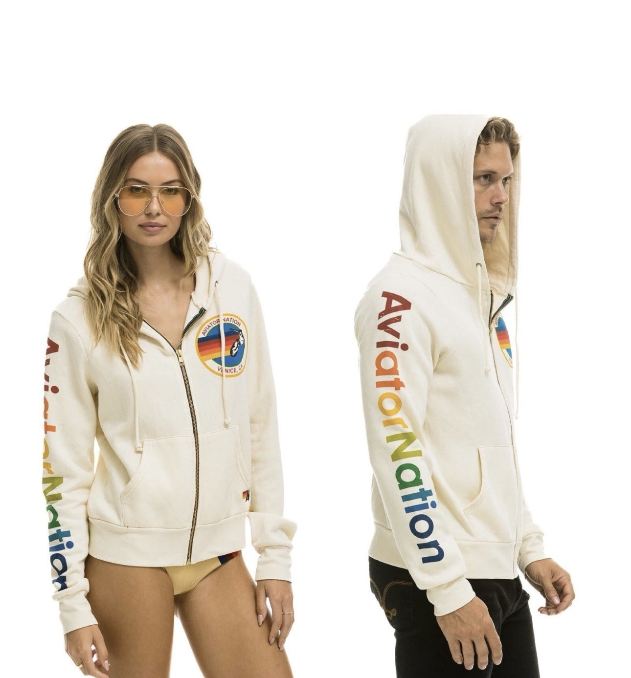 Aviator Nation Venice Zip Hoodie Vintage White Size Large