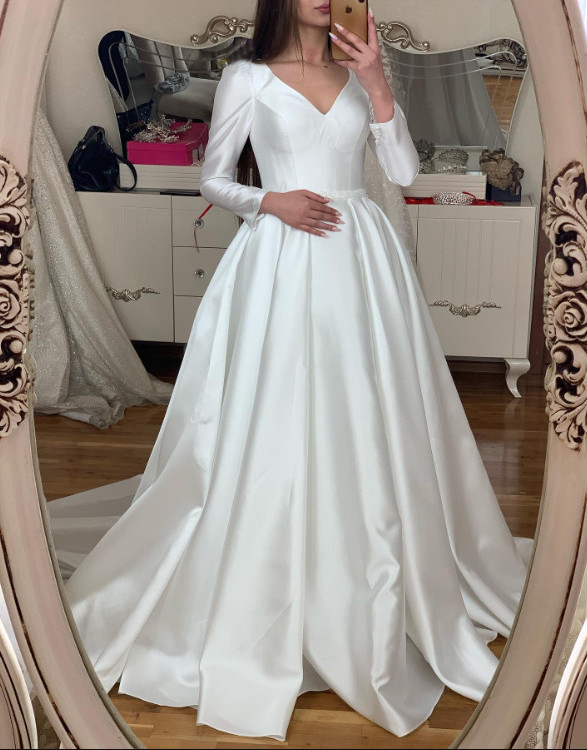 Classic Wedding Dresses V Neck Long Sleeves Satin A Line Bridal Gown Sweep Train