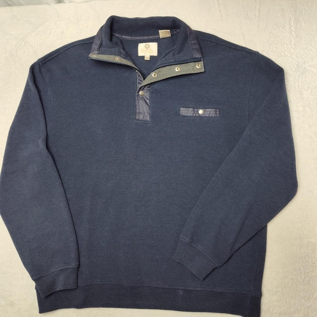 Viyella Pullover Mens L Blue Mock Neck Tight-Knit Pullover Long Sleeve Pockets