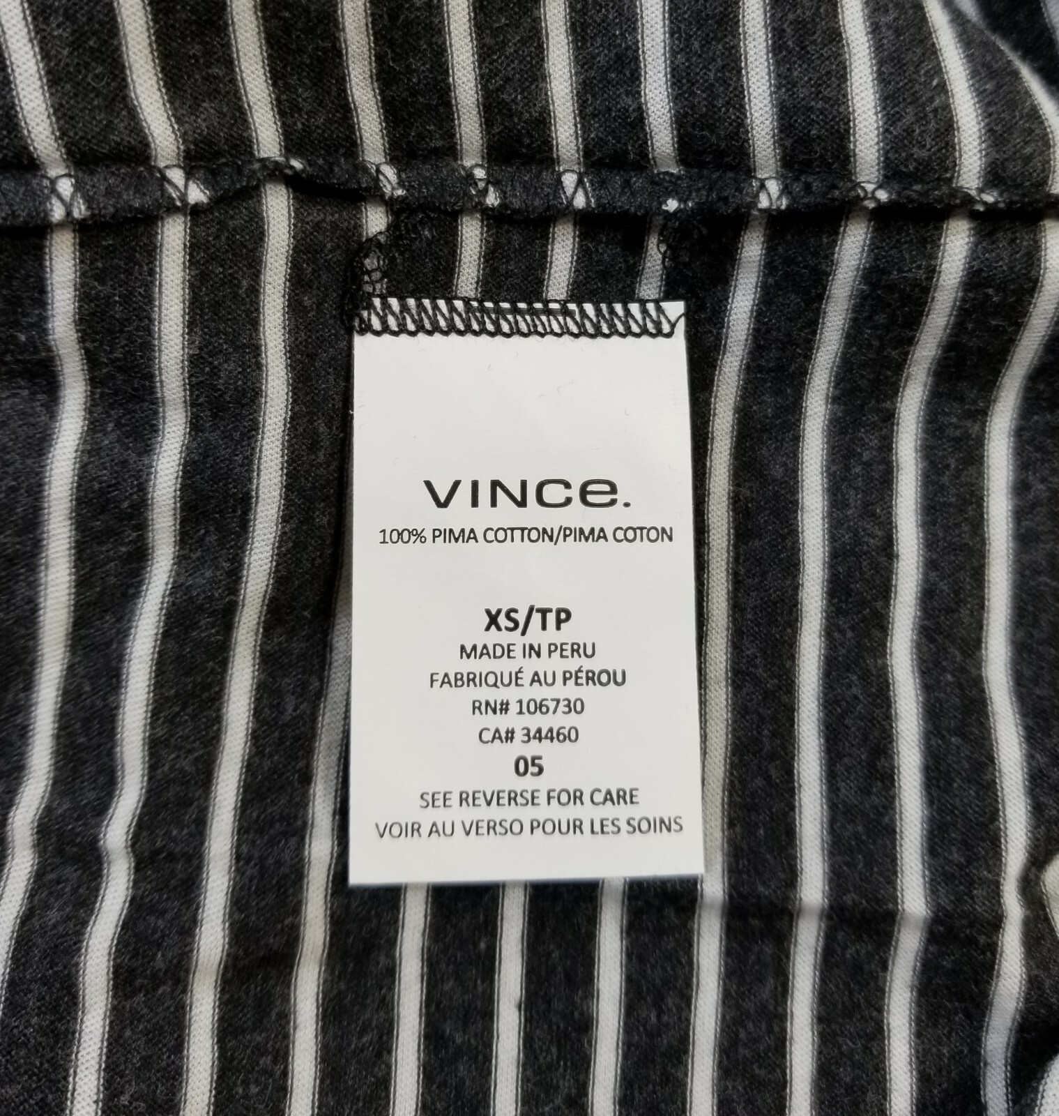 NWT Vince Striped V-Neck Short Sleeve Tee in Black/White 100% Pima Cotton XS $85