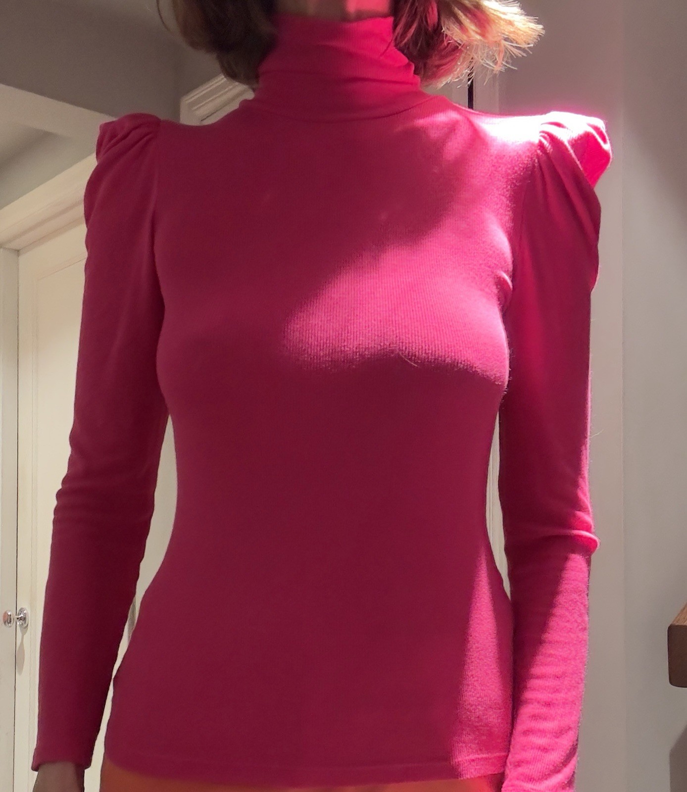 I.N.C. Hot pink Ribbed Stretch Knit Top With Gathered Puffy Shoulders Size S