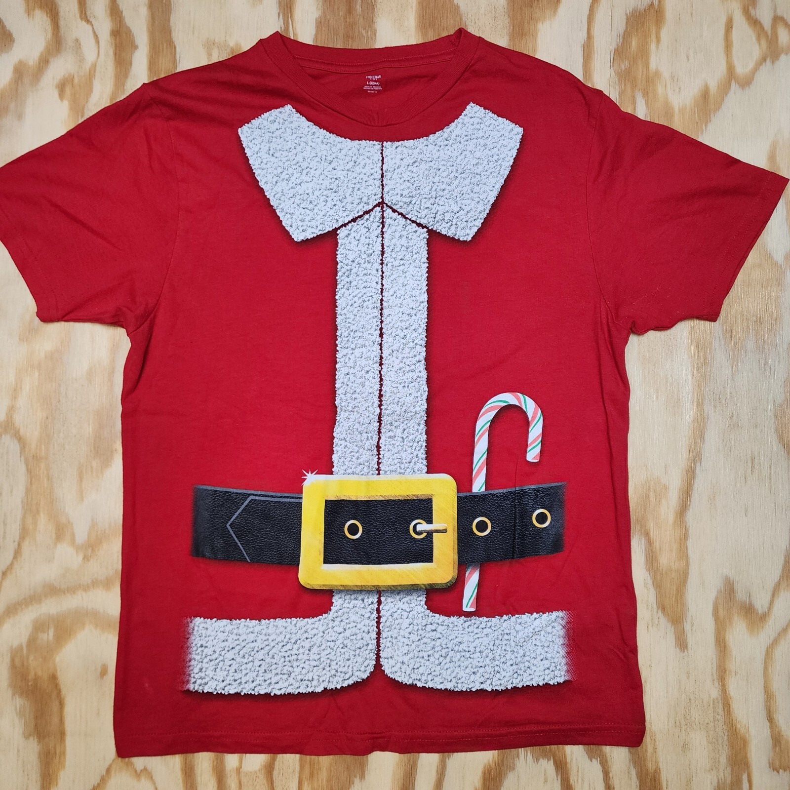 Men’s L Christmas Holiday Time Graphic Print Santa Suit Candycane T-shirt