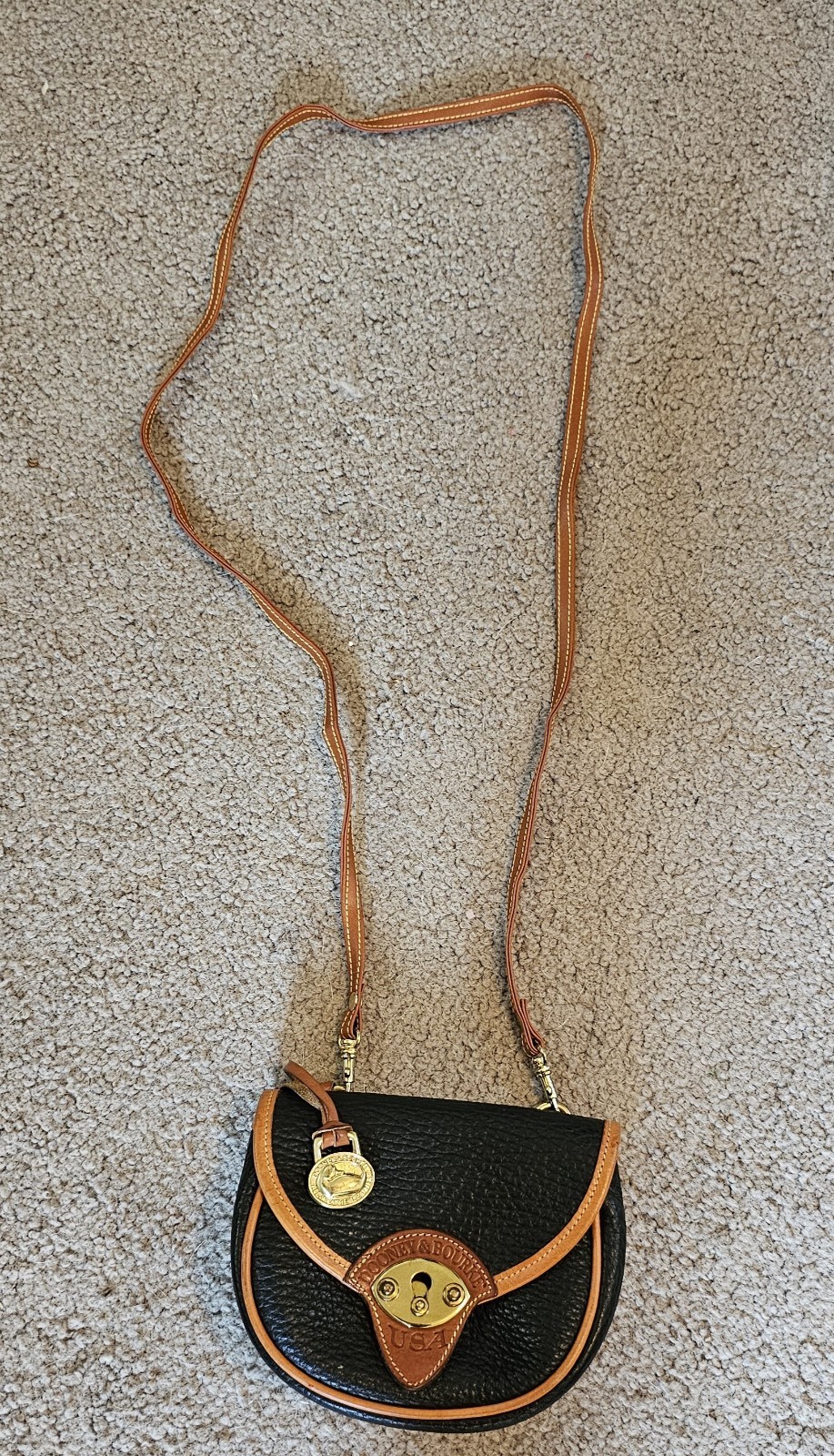 Dooney & Bourke Calvary Black/Brown Crossbody, Gold Hardware Charm.