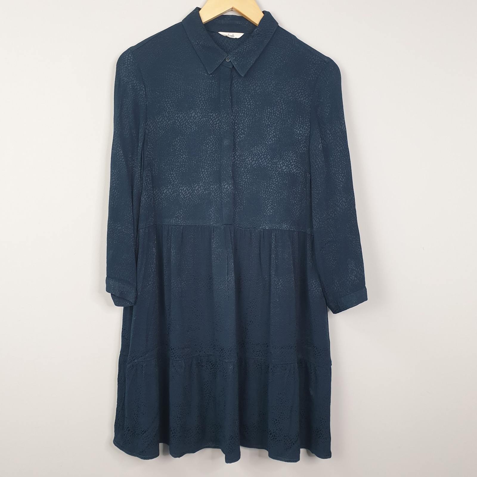 Hush Shirt Dress Womens UK 10 Teal Tonal Jacquard Casual Long Sleeve Everyday