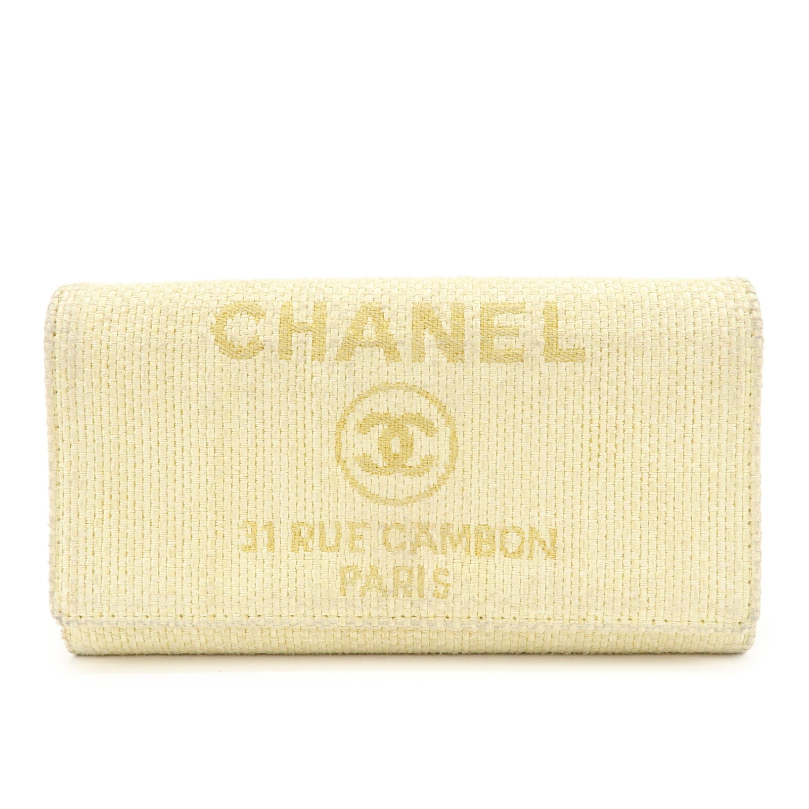 CHANEL Deauville COCO Mark Raffia Leather Long Wallet Yellow Authentic Used F/S