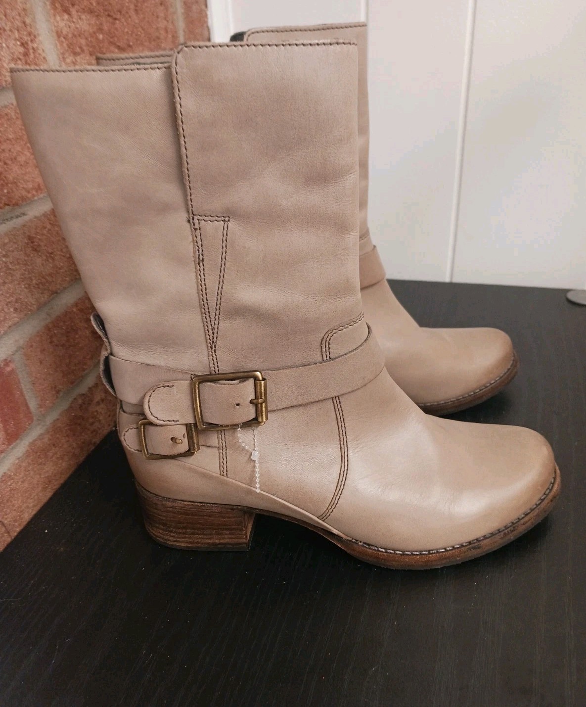 Clark Women’s Ankle Boots Monica Soul Taupe Slip On Leather Staps Buckles Size9