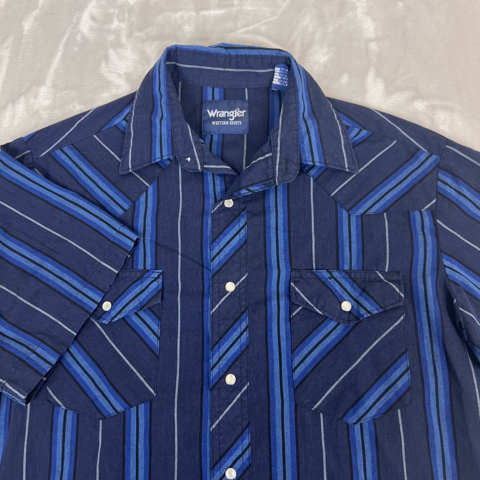 Vintage Wrangler Shirt Mens Medium Blue Striped Pearl Snap Cowboy Western Rodeo