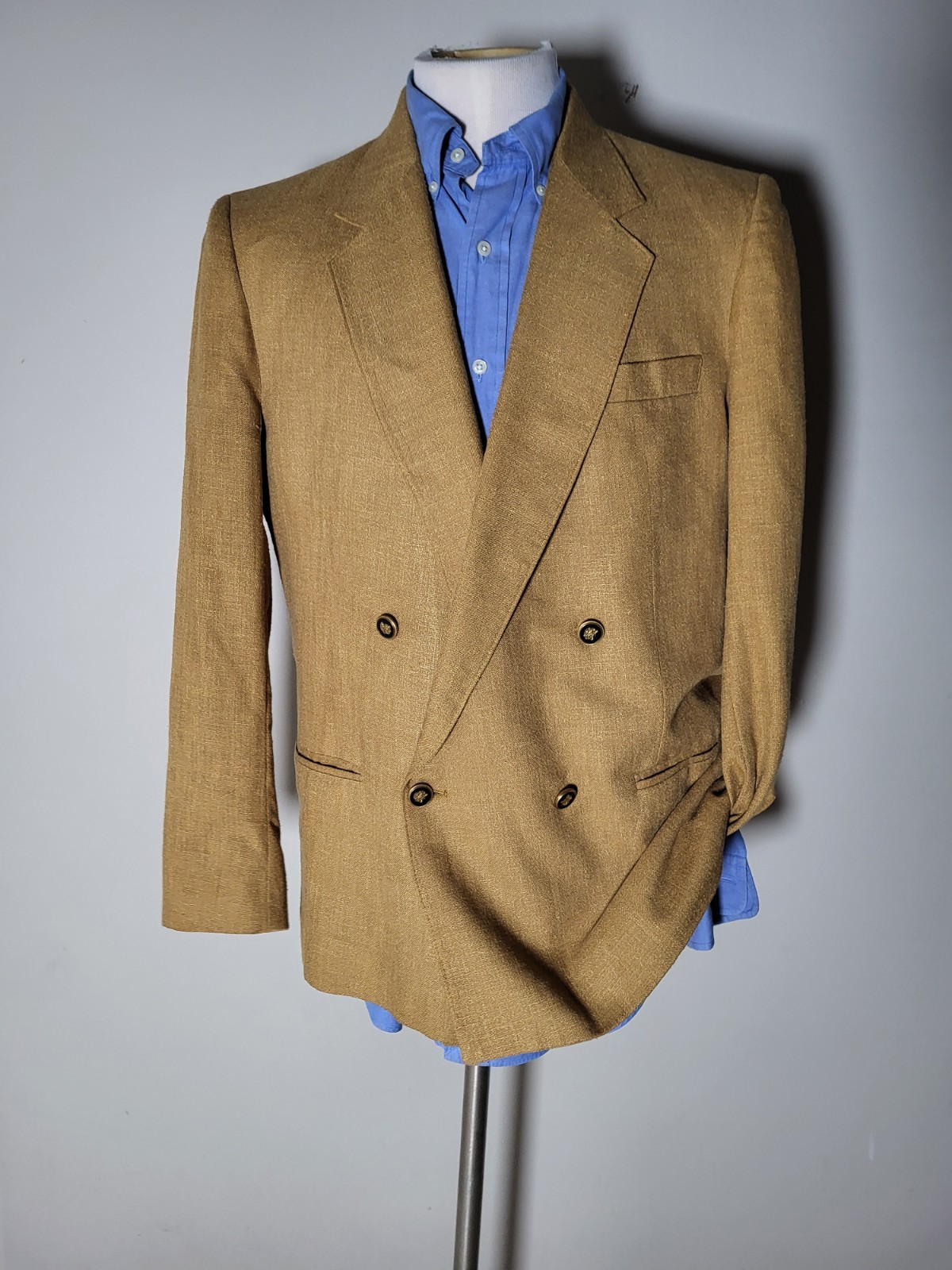 Vintage 40R Golden Wheat Linen Wool Double Breast Notch Lapel Coat Jacket Blazer