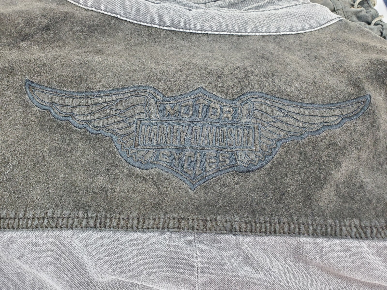 Vtg Authentic Gray Unisex Harley Davidson Suede Leather & Denim Jacket or Vest