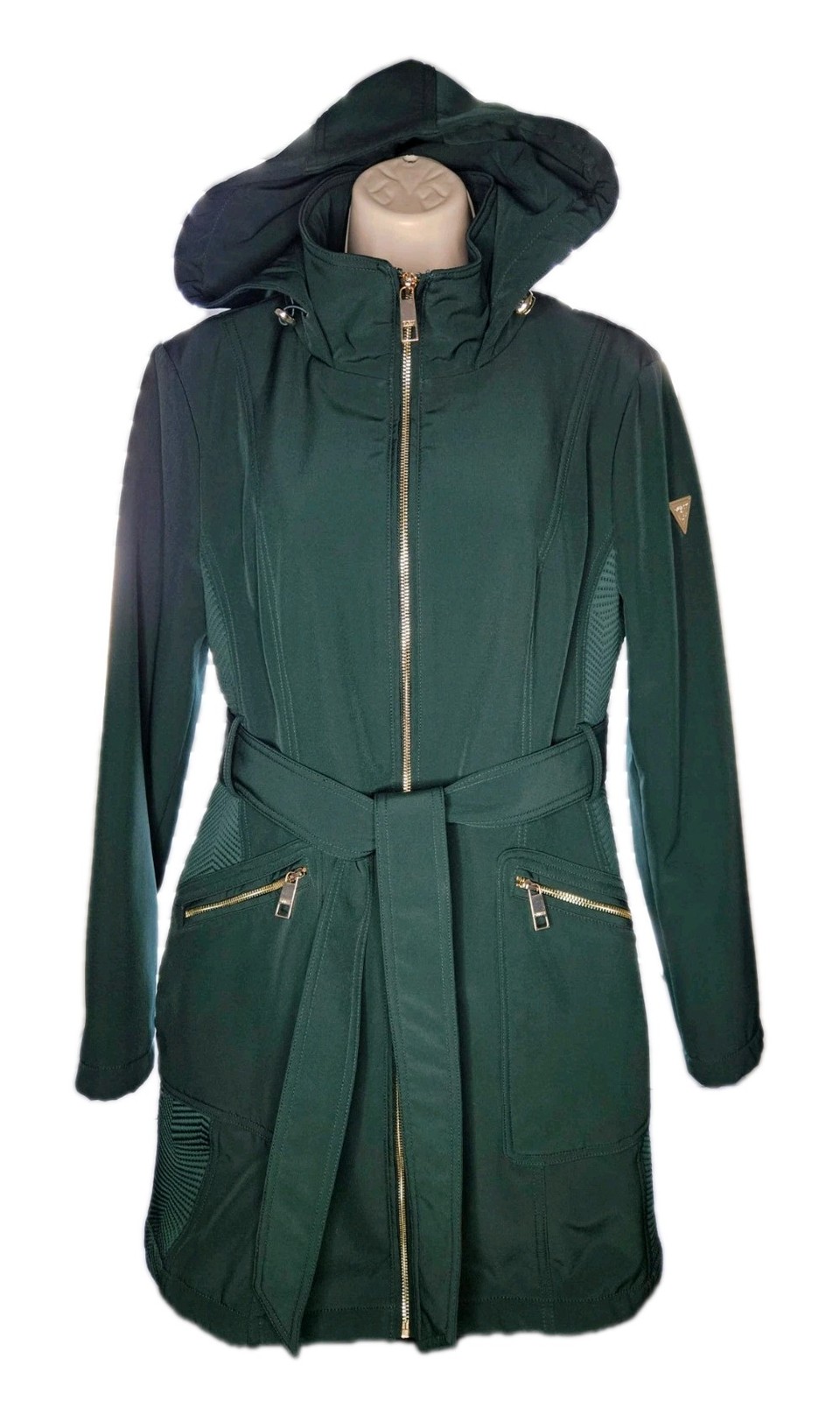 Guess Womens Softshell Long Coat With Belt Dark Green Size Large Hooded Pockets