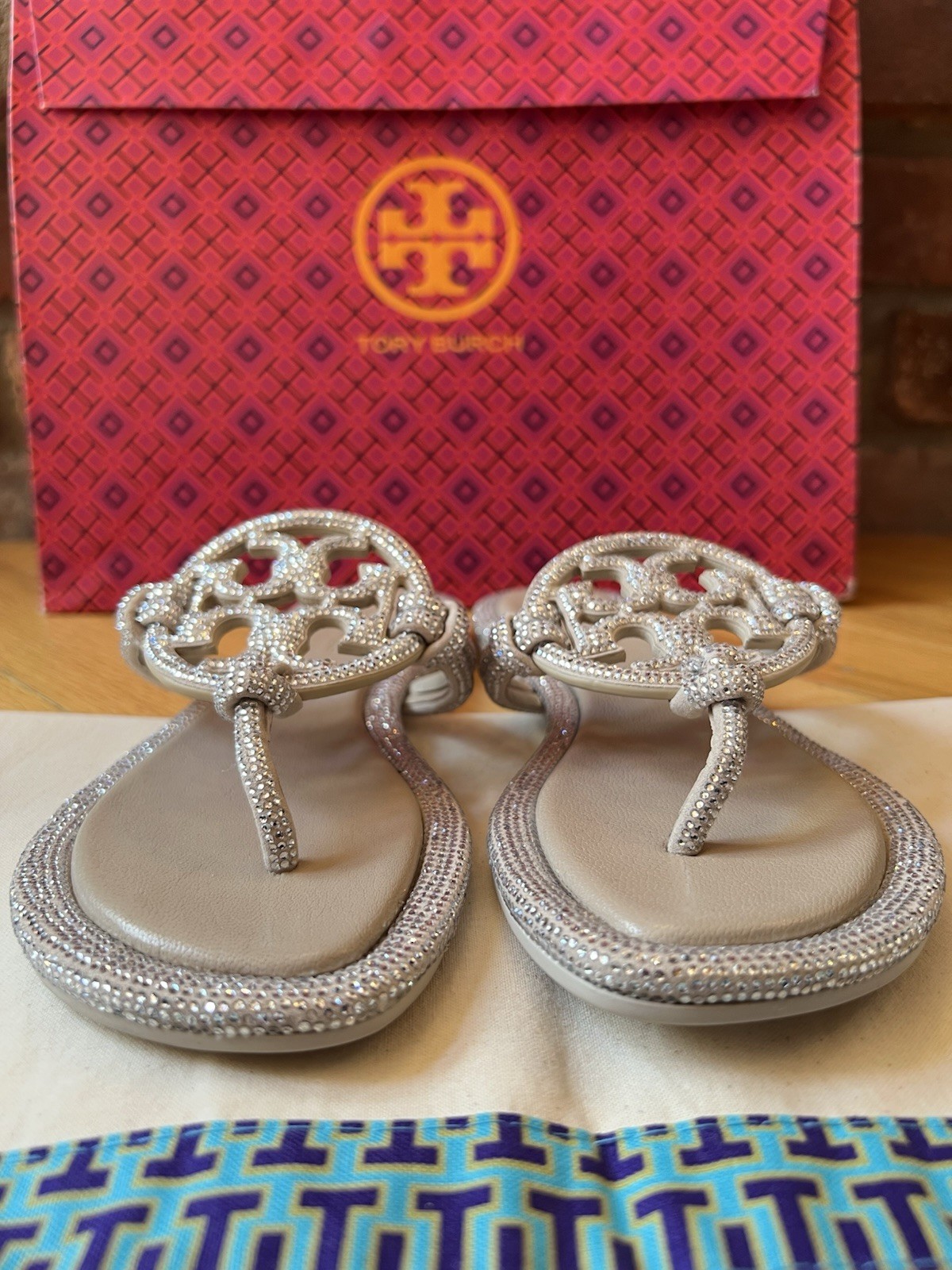 Tory Burch Stone Gray Miller Pavé Crystal Knotted Sandals
