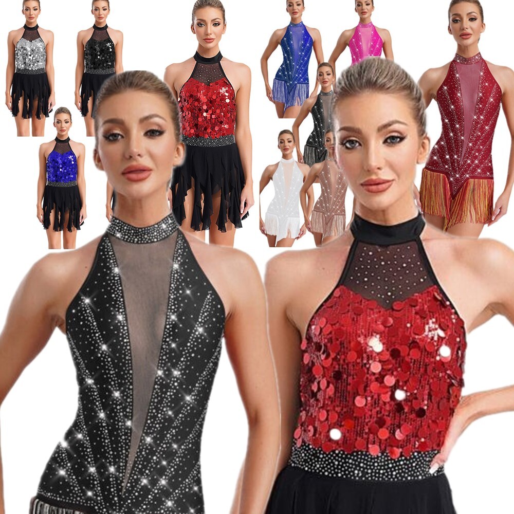 Women~Modern Dance Costume Sleeveless Sequin Tassel Latin Jazz Leotard Bodysuit
