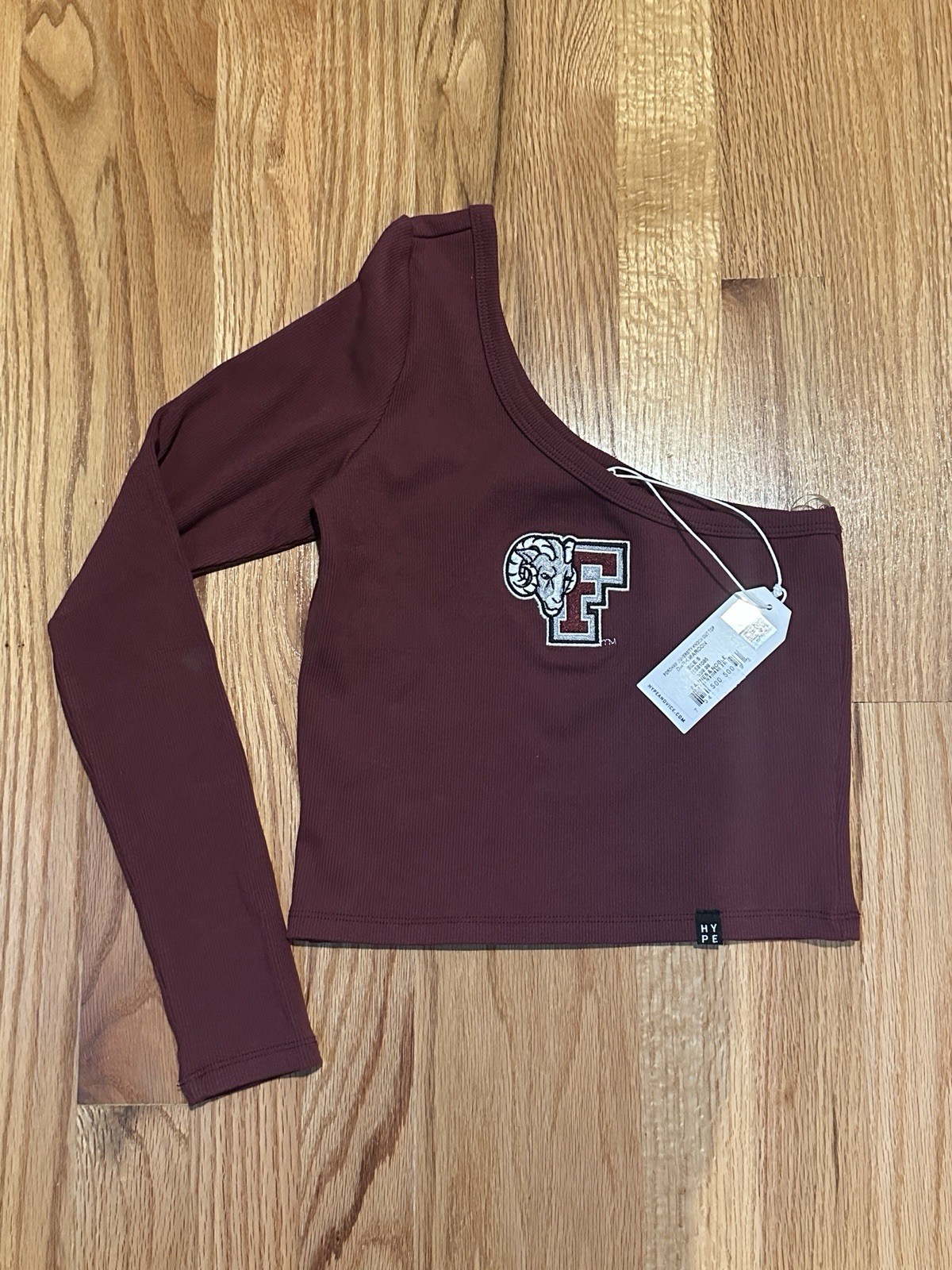 Official Fordham Merch, Hype & Vice One-Shoulder Long Sleeve Cropped Top, XS