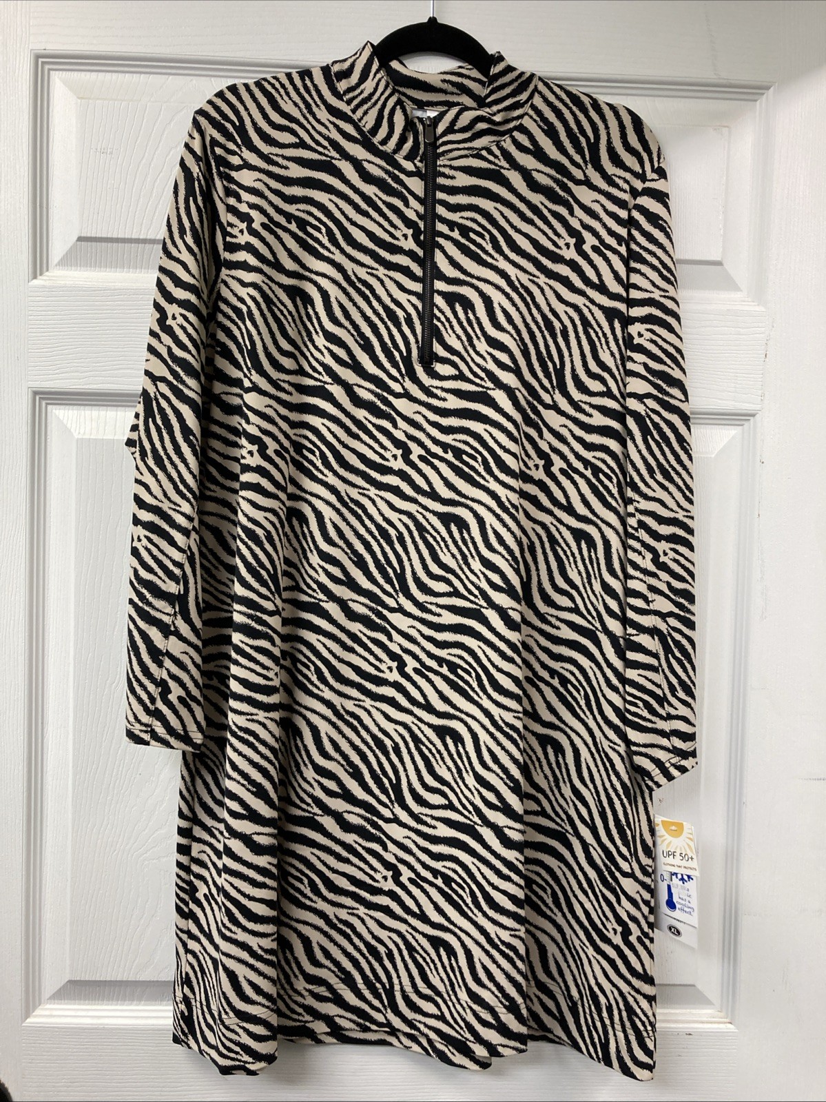 Lulu B 1X Beige And Black Zebra Pattern Long Sleeve Quarter Zip Dress Upf50
