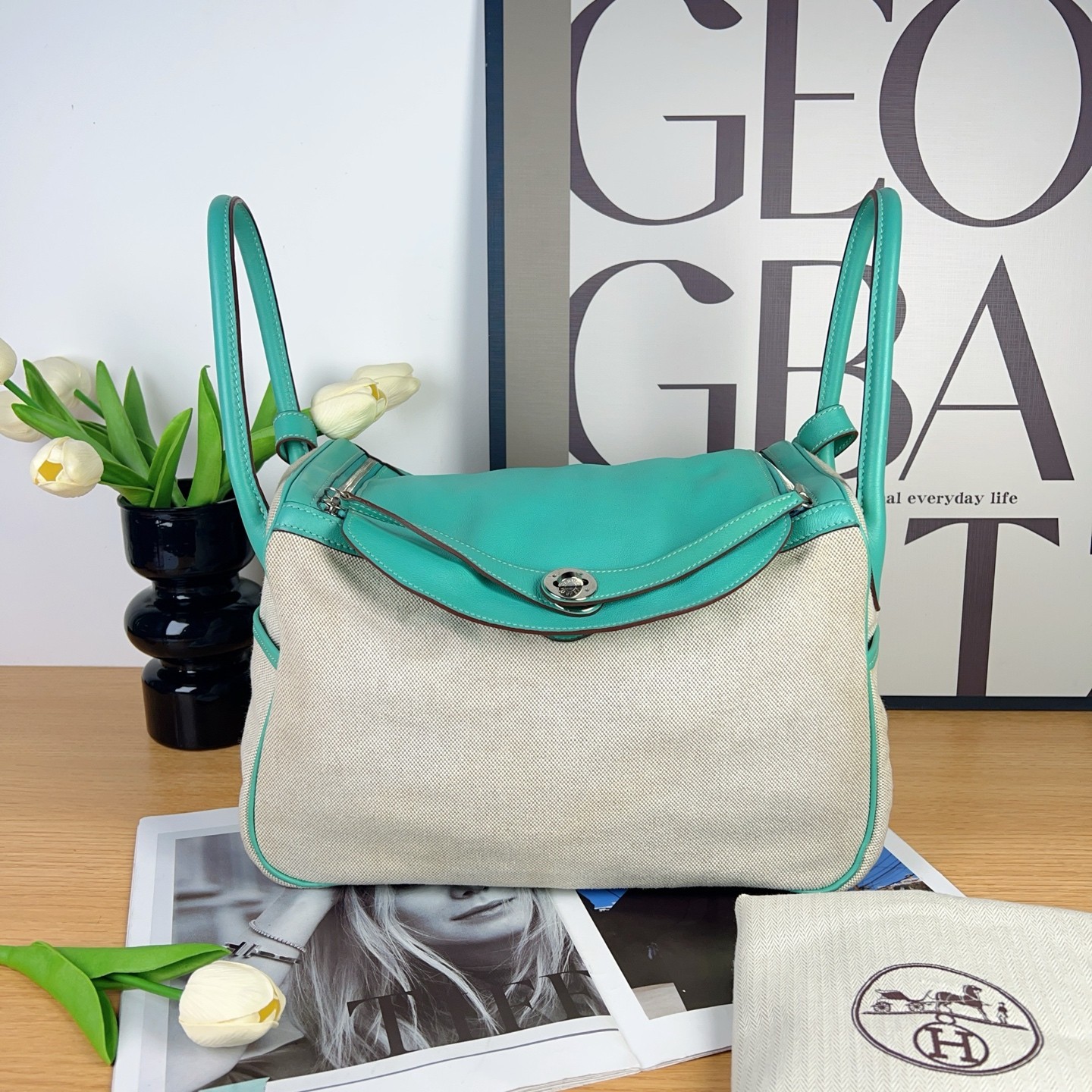Hermès Lindy 34 | Canvas & Swift Leather, Peacock Green, Square L Stamp
