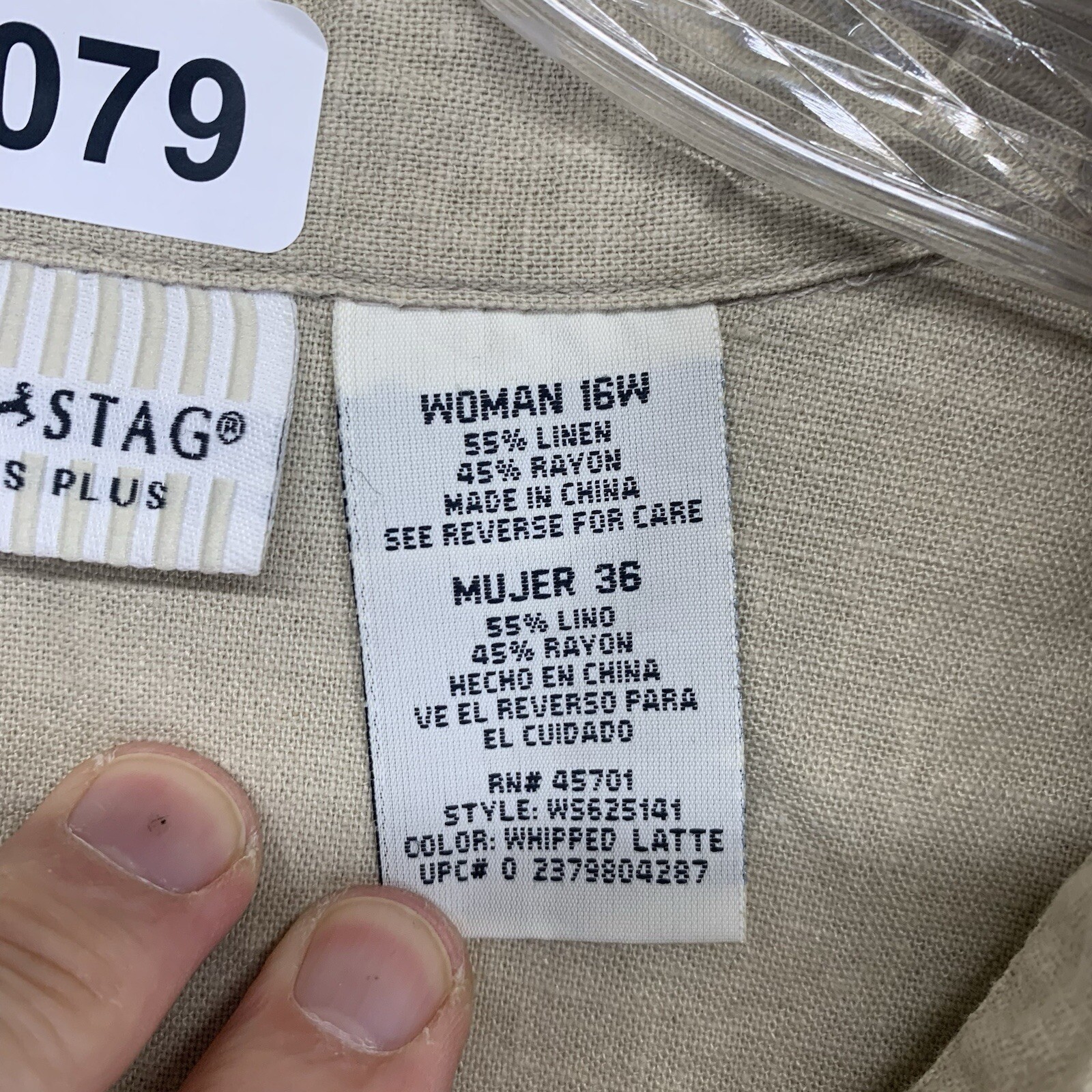 Women’s 16W Button Down Collar Top Linen Cotton Natural Neutral Earthy Pockets