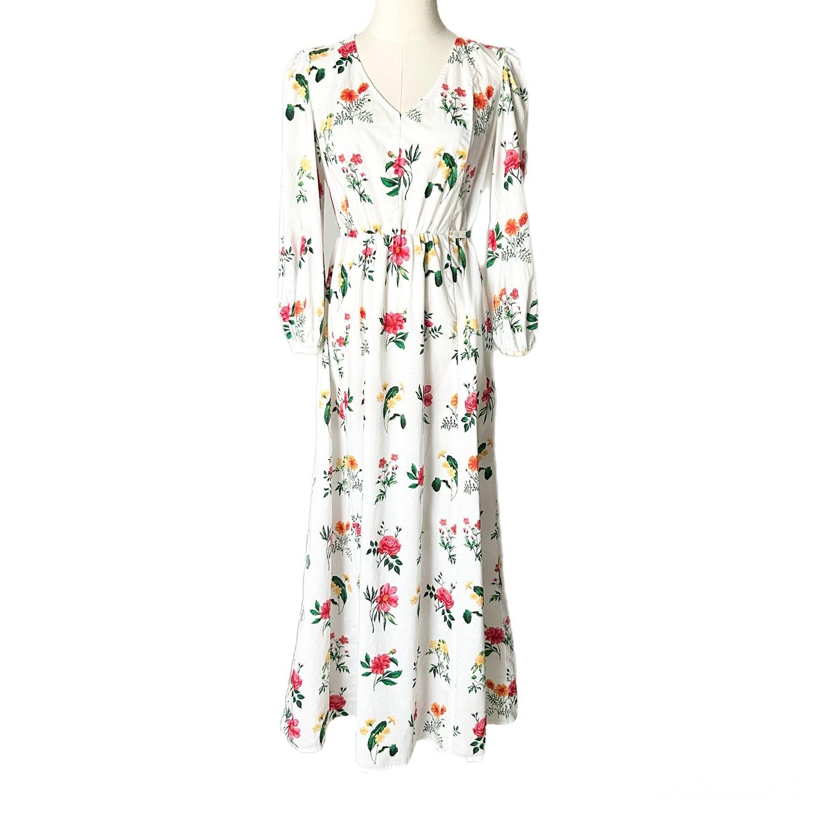 Gal Meets Glam Tabitha Floral Cotton Maxi Dress White Pink V-Neck Pockets Size 6
