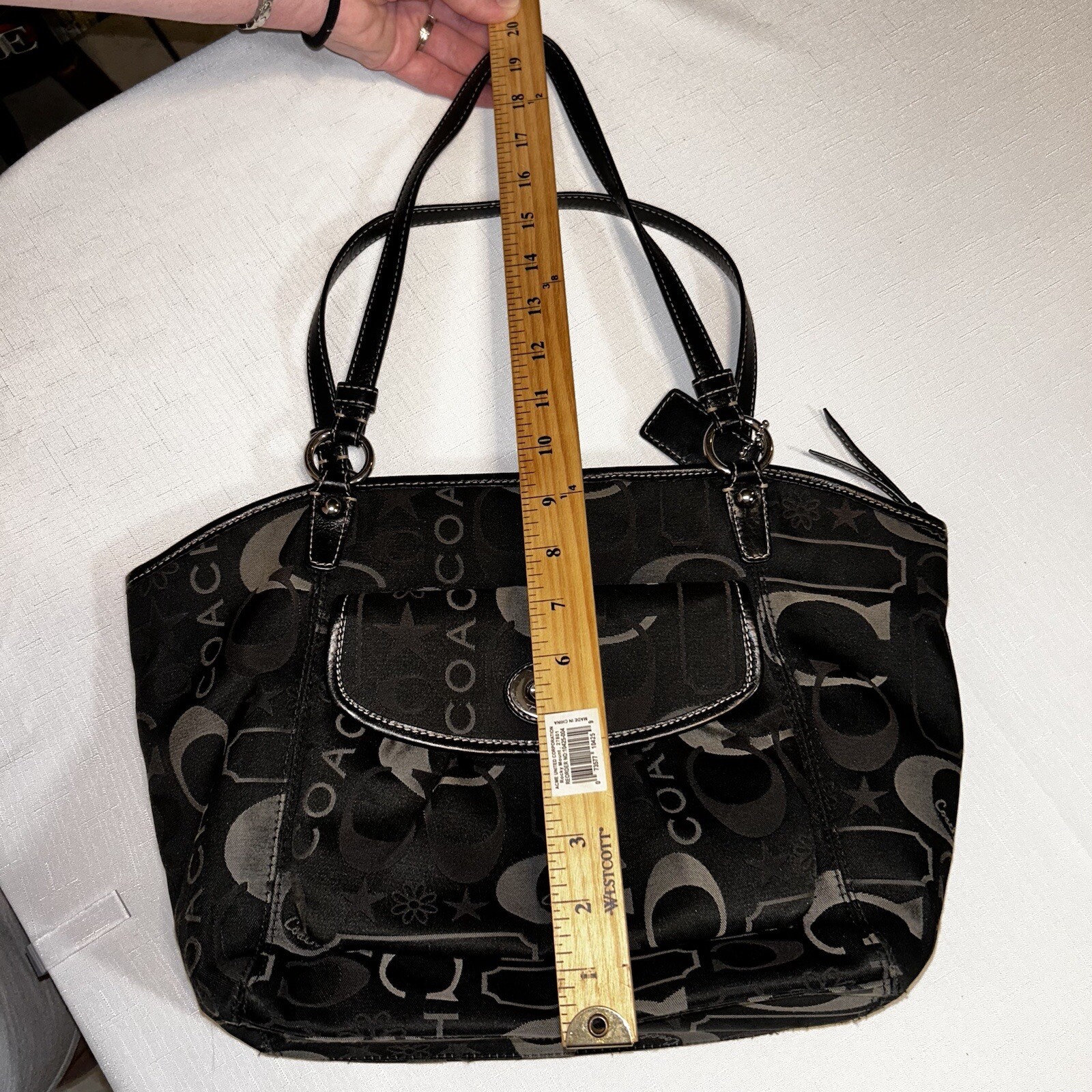 Coach Purse Leah Shoulder Bag Black & Gray stars Sateen #F14654 Silver Hardware