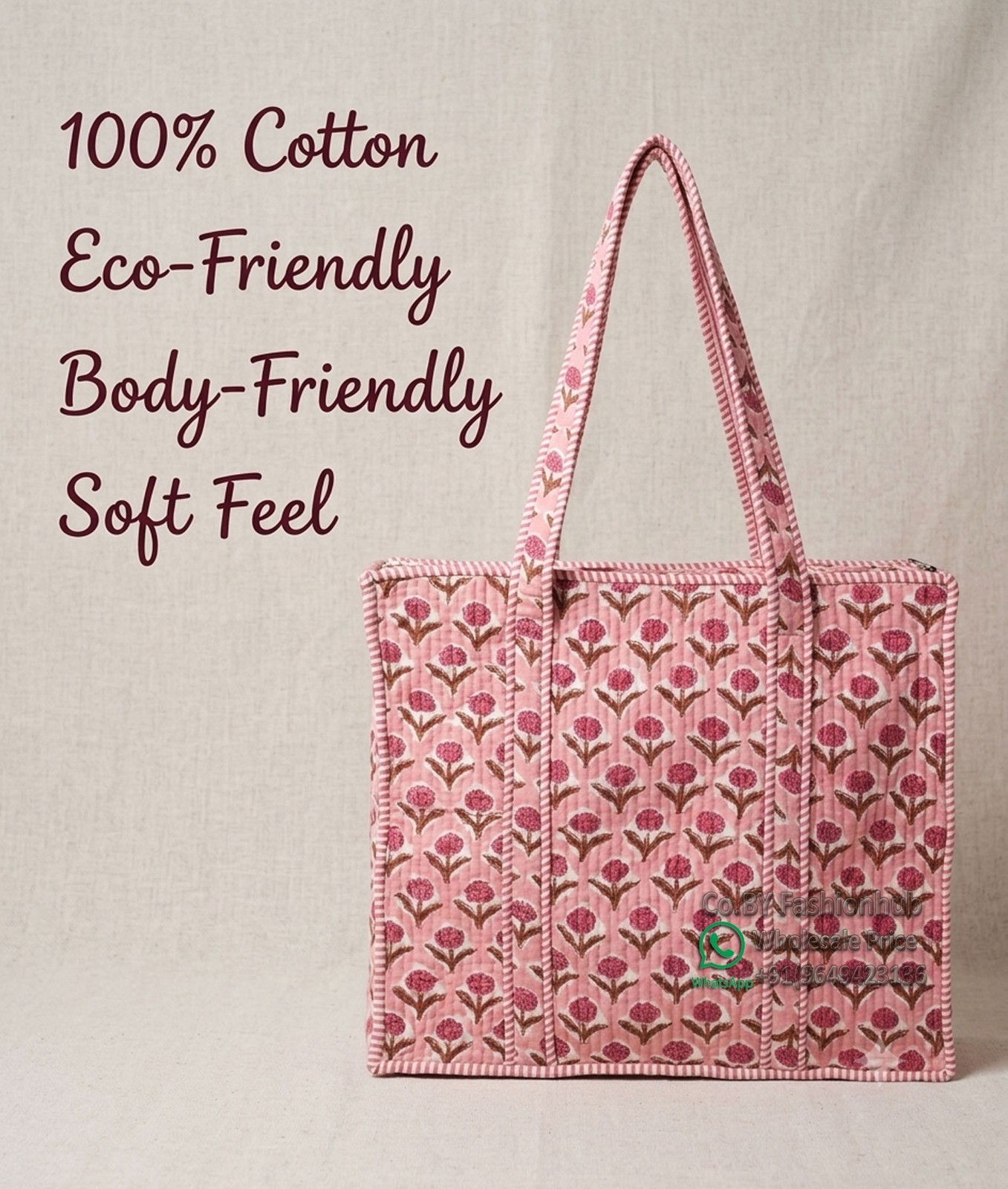 Quilted Tote Bag Handmade Block Print Cotton Handbag Indian Floral Boho Beach