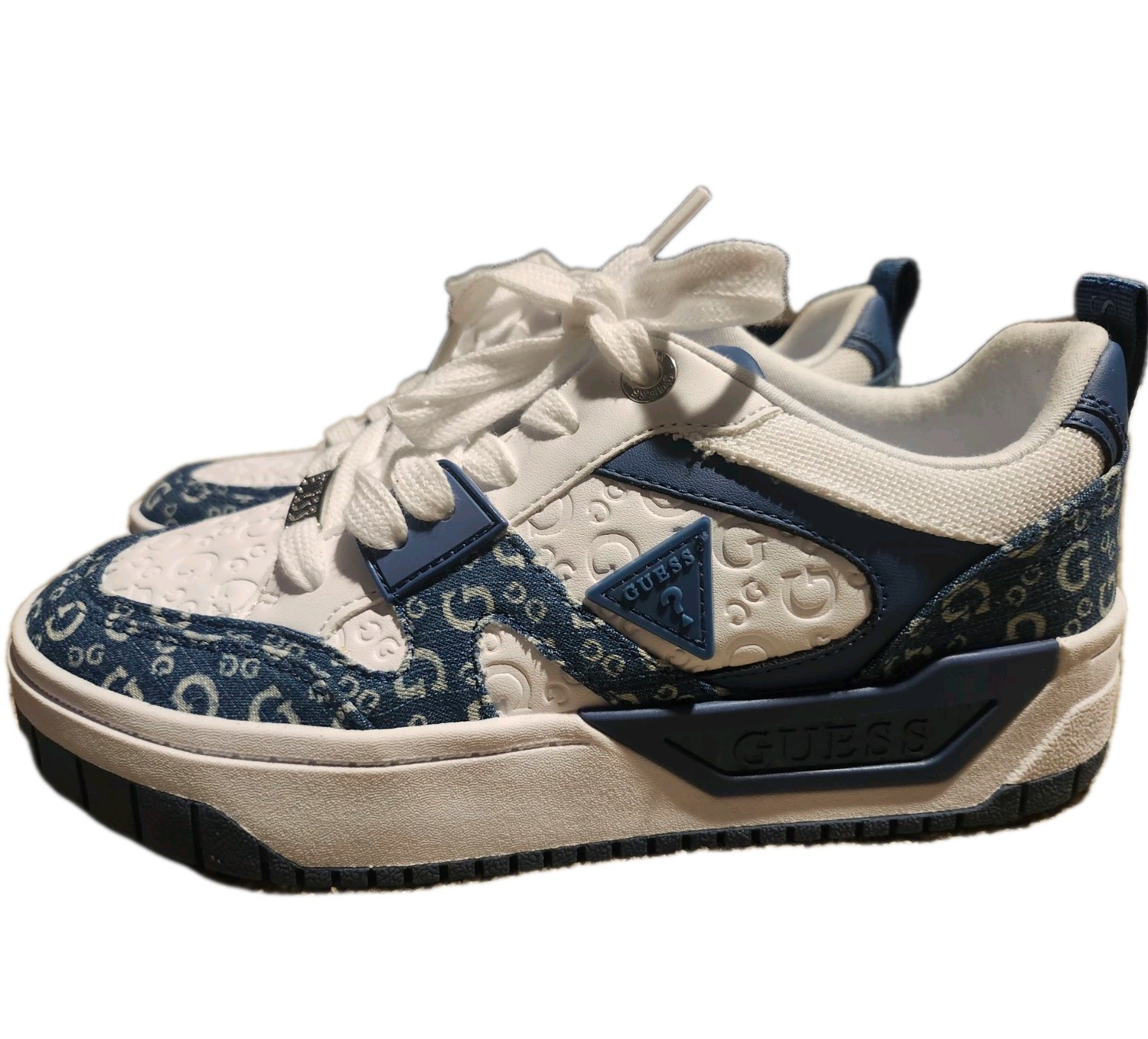 Guess Rennen-C Denim Monogram Platform Sneakers Womens Size 8.5 White Logo Shoes