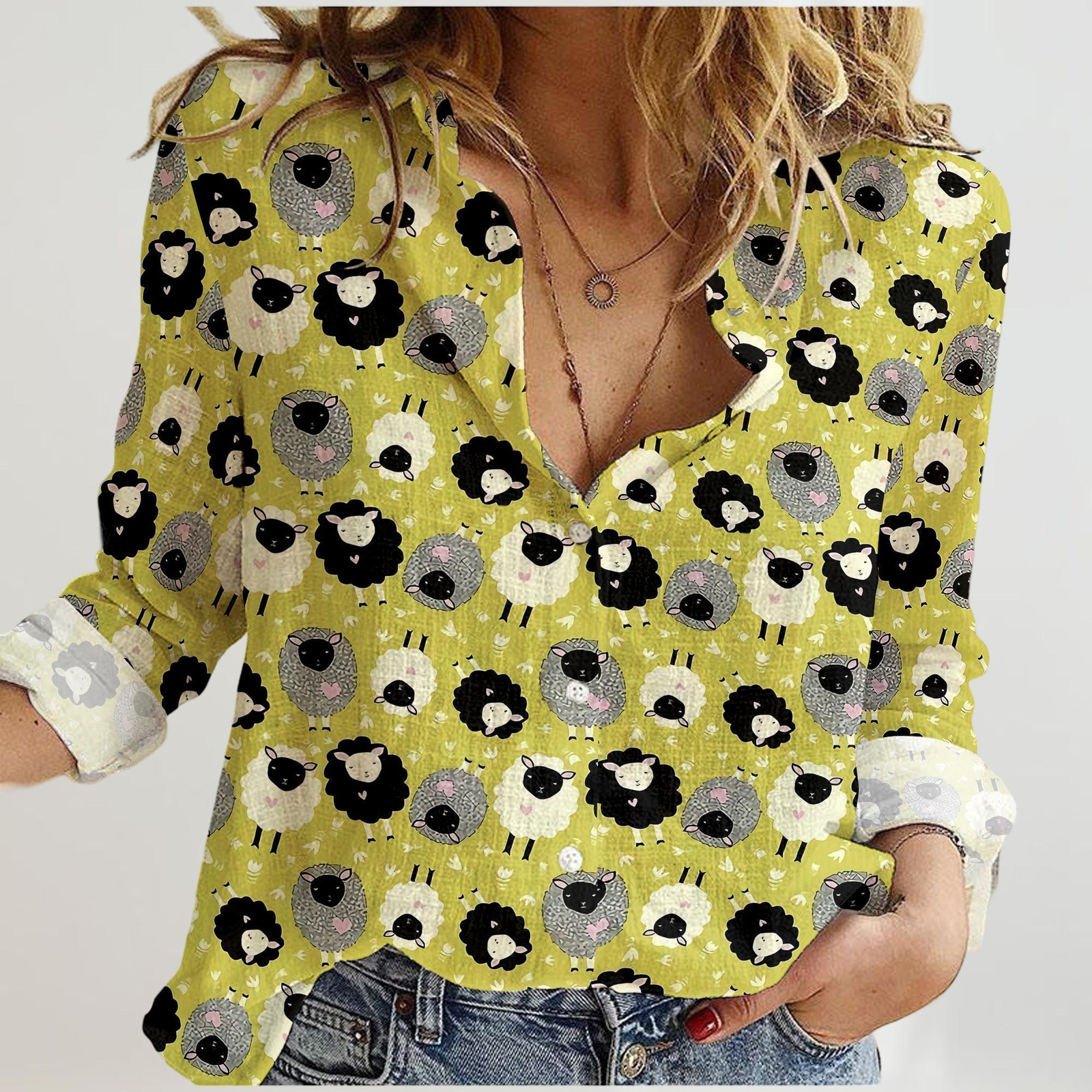 Sheep Pattern Blouse Shirt Sheep Farm Shirt Sheep Casual Shirt