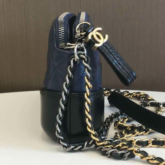 Chanel Blue Black Quilted Leather Mini Silver Gold Chain Diamond Crossbody