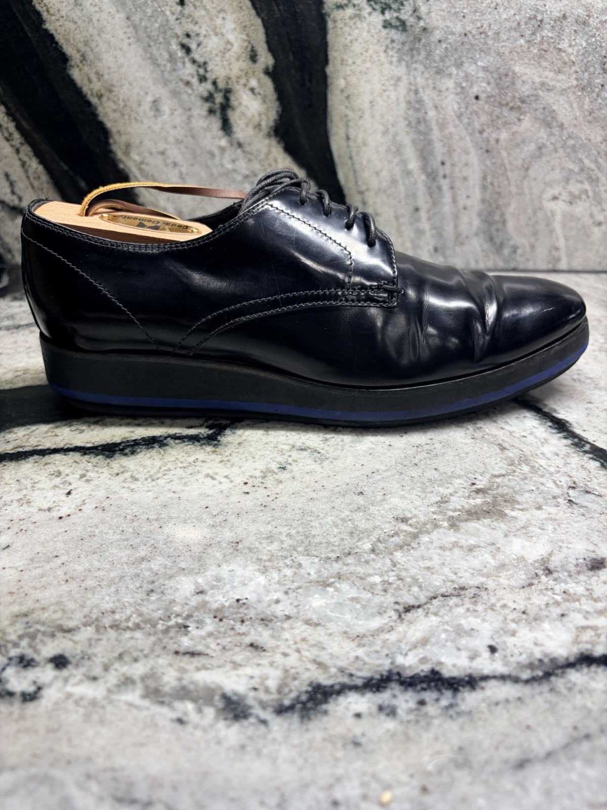Prada Black Leather Derby Shoes Blue Rubber Sole Women’s EU 37 US 7 Italy