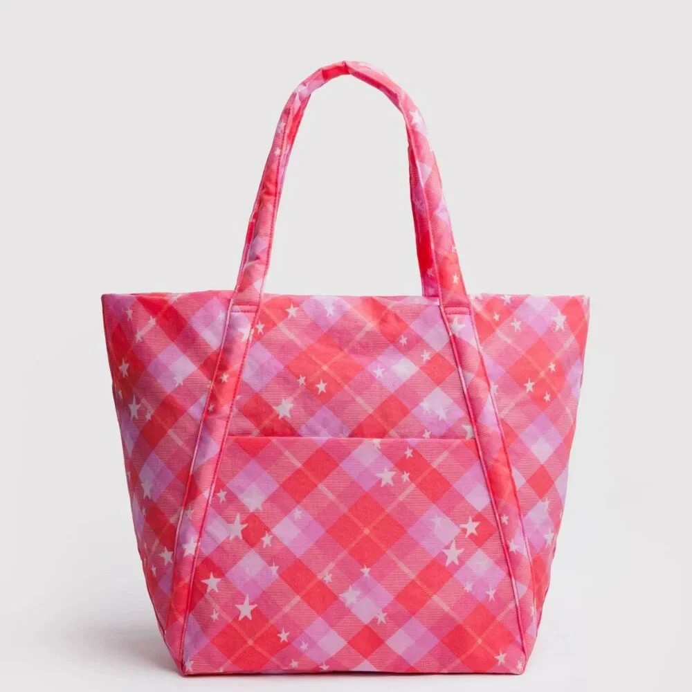 NWT Baggu Clould Bag Pink Star Plaid 12.75″ H × 13.75″ W × 8″ L Top Zip Closure
