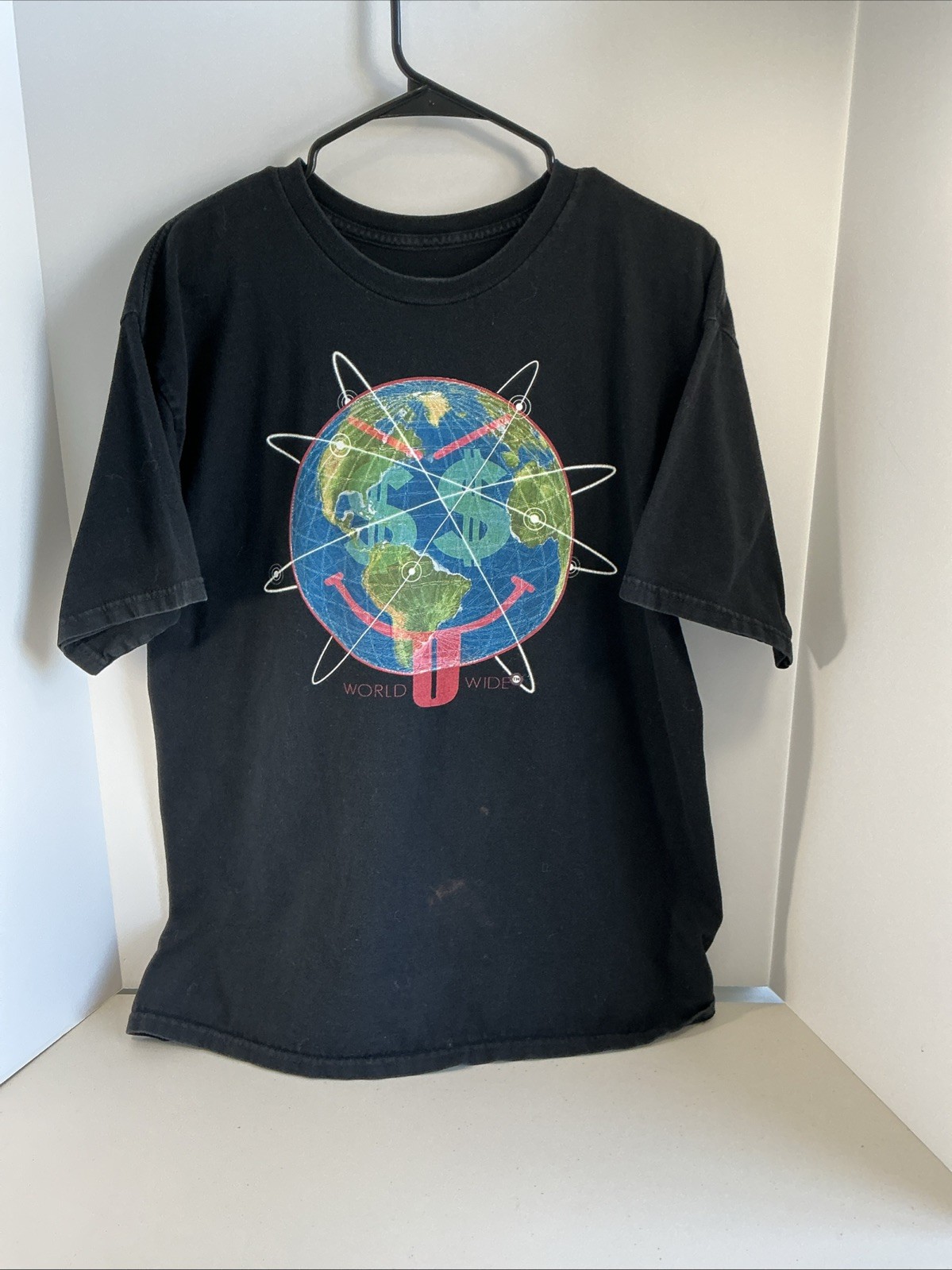 Worldwide Money Makers Black T-shirt Earth Smiley Face with Money Sign Sz L