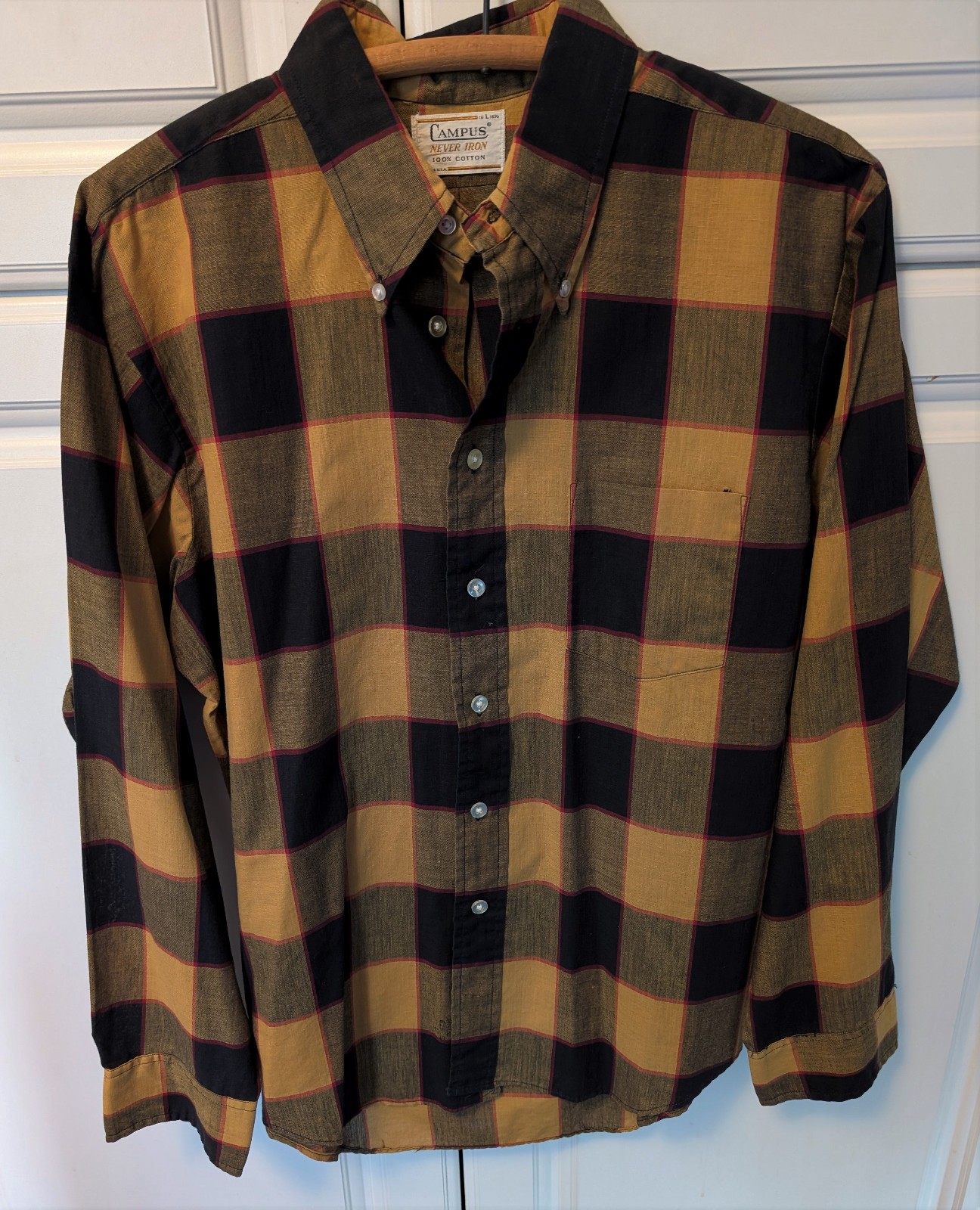 CAMPUS Never Iron Mens Plaid Shirt Sz 16-6-1/2 Large 100% cotton USA Made NWOT
