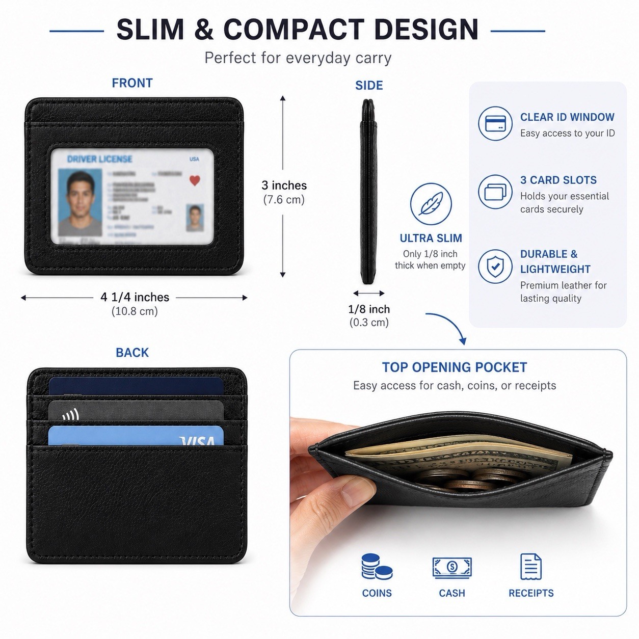 Slim Minimalist Front Pocket Wallet, Credit Card Holder ID Window Free Shipping