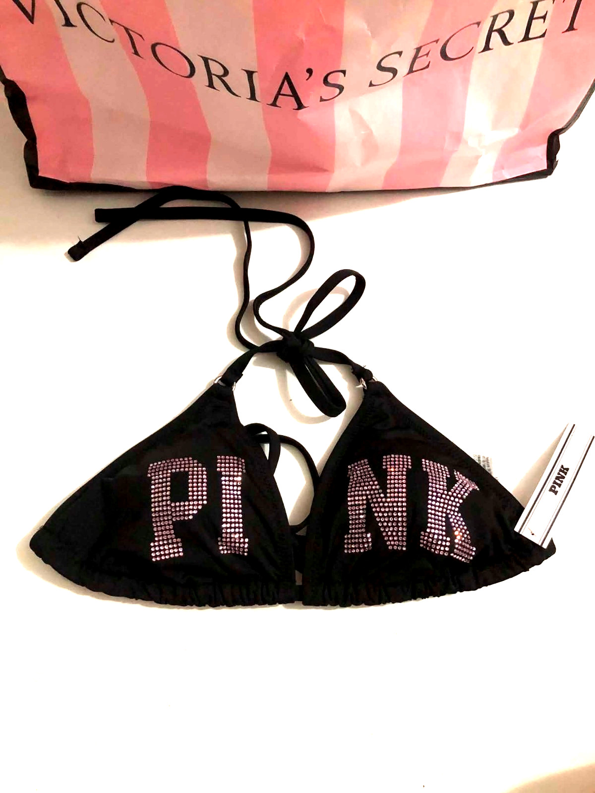 Victoria’s Secret Pink Black Bling Pink Logo Triangle String Bikini Swim Top NWT
