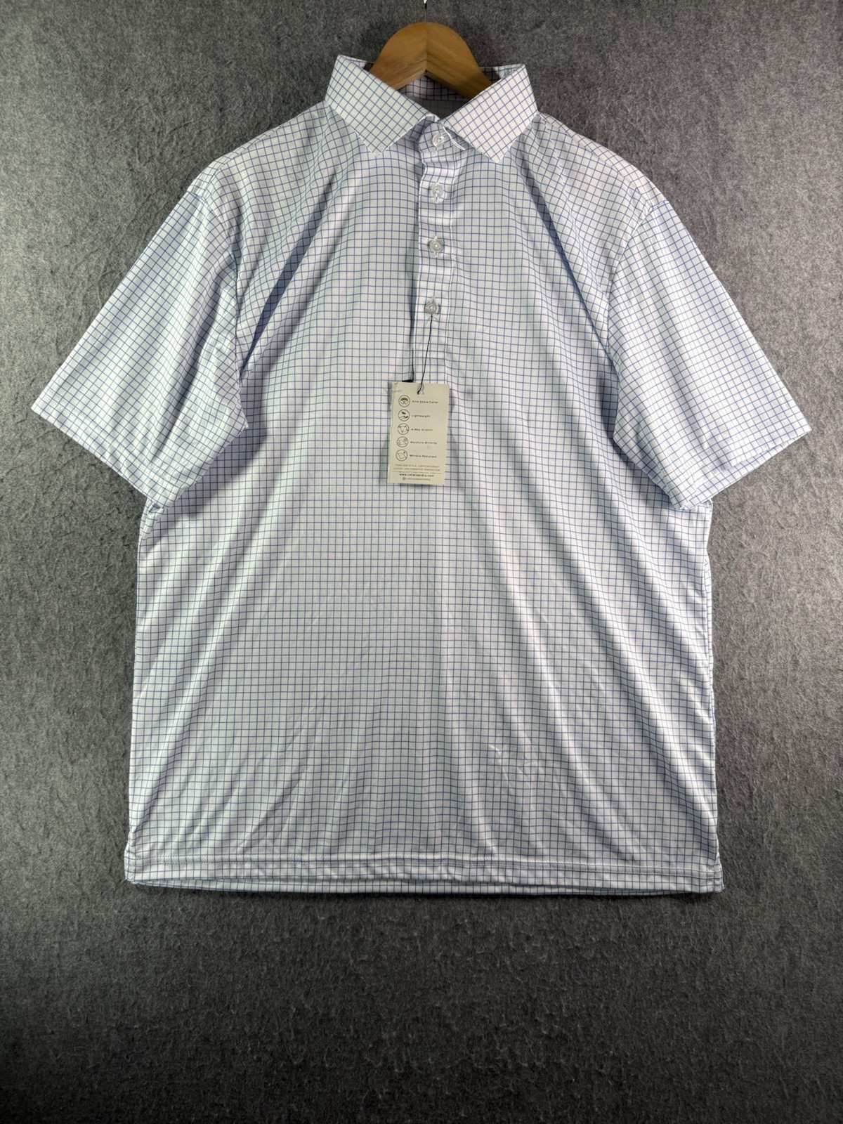 Collars & Co Polo Shirt Mens Large Relaxed Blue & White Check Dress Collar NWT