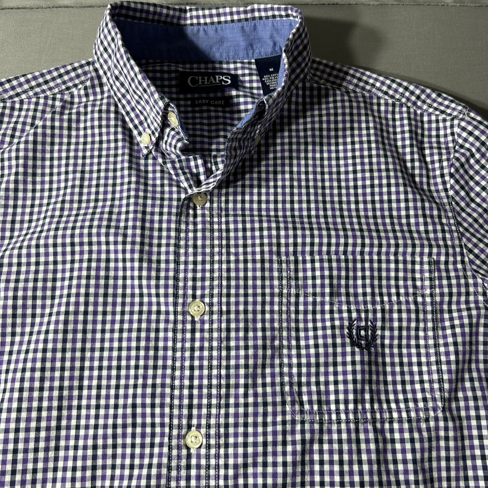 Chaps Easy Care Long Sleeve Button Down Gingham Shirt Purple White Black Medium